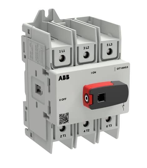 ABB dreipoliger elektrischer Trennschalter mit rotem und schwarzem Drehgriff, beschrifteten Klemmen, auf weißem Hintergrund dargestellt.