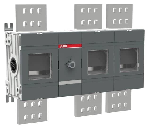 ABB-Elektroschalter mit drei Frontansichtsfenstern und Metallmontageansätzen, dargestellt vor weißem Hintergrund.