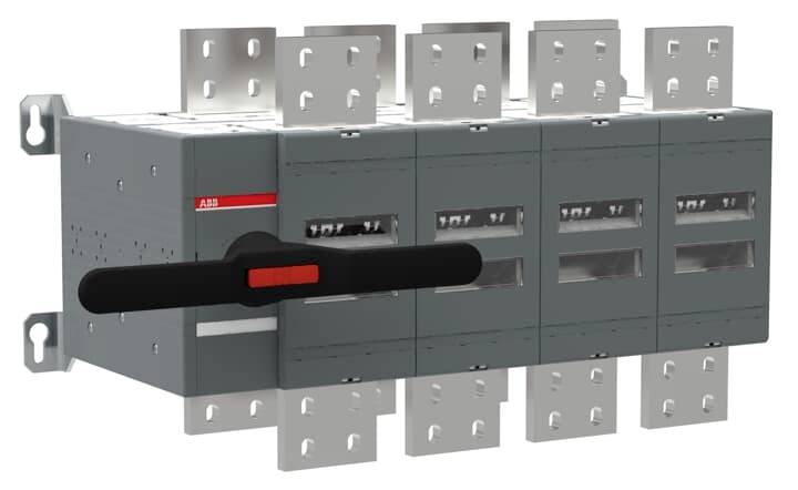 Grauer ABB-Elektroschalter/-Trennschalter mit schwarzem Griff und mehreren Metallklemmenplatten, Seitenansicht auf weißem Hintergrund.