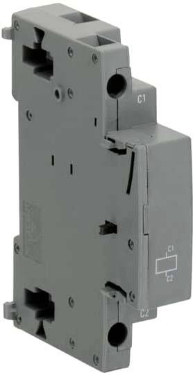 Grauer elektrischer Leistungsschalter oder Schaltermodul in Großaufnahme auf weißem Hintergrund.