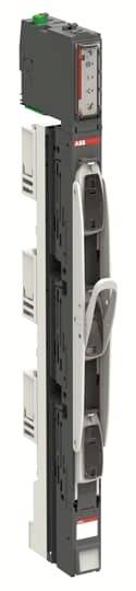 Industrielles elektronisches Modul mit grauem Frontpanel, drei kreisförmigen Anschlussanschlüssen und einer grünen Klemme oben, dargestellt auf einem einfachen weißen Hintergrund.