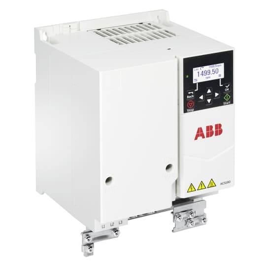 ABB-Frequenzumrichter mit digitaler Anzeige und Bedienungstasten auf weißem Industrialgehäuse