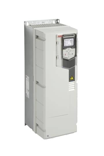 Grauer ABB-Steuerungsschrank für industrielle Elektroantriebe mit kleinem Display und Warnsymbol auf der Vorderseite.