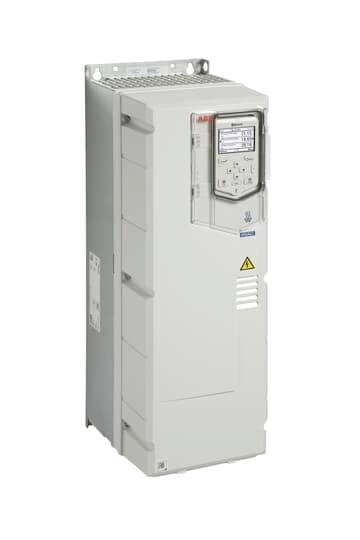 ABB-Antriebsregler für Industriemotoren in einem hohen grauen Gehäuse mit Frontdisplay und Bedienfeld.