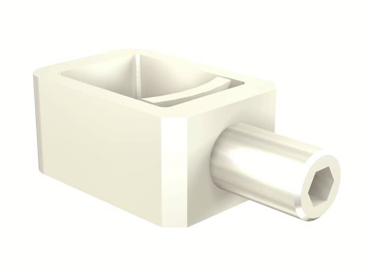 Ein weißer Kunststoff-Innensechskant-Steckschlüssel-Adapter mit quadratischer Antriebsöffnung und zylindrischem Metallschaft auf einfachem Hintergrund.