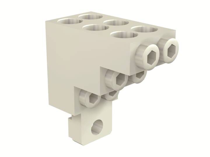 Beiger LEGO-ähnlicher Eckbaustein mit Noppen oben und hervorstehenden Technic-Achsenverbindern auf zwei Seiten.