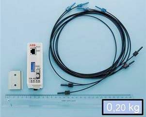 Glasfaserkabelset mit ABB-Gerät, Wandplatte und Lineal; das Gewichtsetikett zeigt 0,20 kg.
