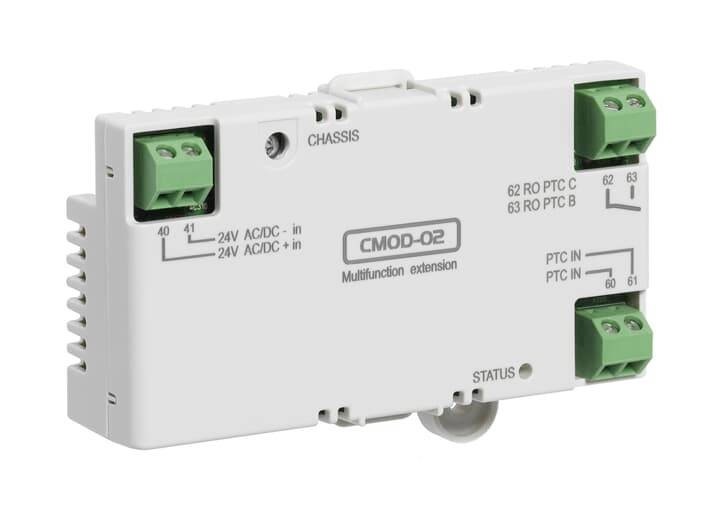 Weiches CMOD-02 Multifunktions-Erweiterungsmodul mit grünen Anschlussklemmen und gekennzeichneten Stromversorgungs-, Gehäuse-, PTC- und Statusindikatoren.