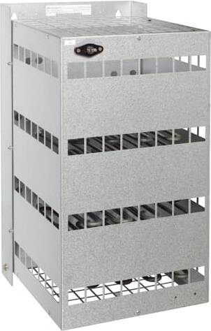 Industrie-Metall-Dachklimagerät mit Lamellenseitenlüftungen und flacher Oberseite, dargestellt in einem studiotypischen Produktfoto.
