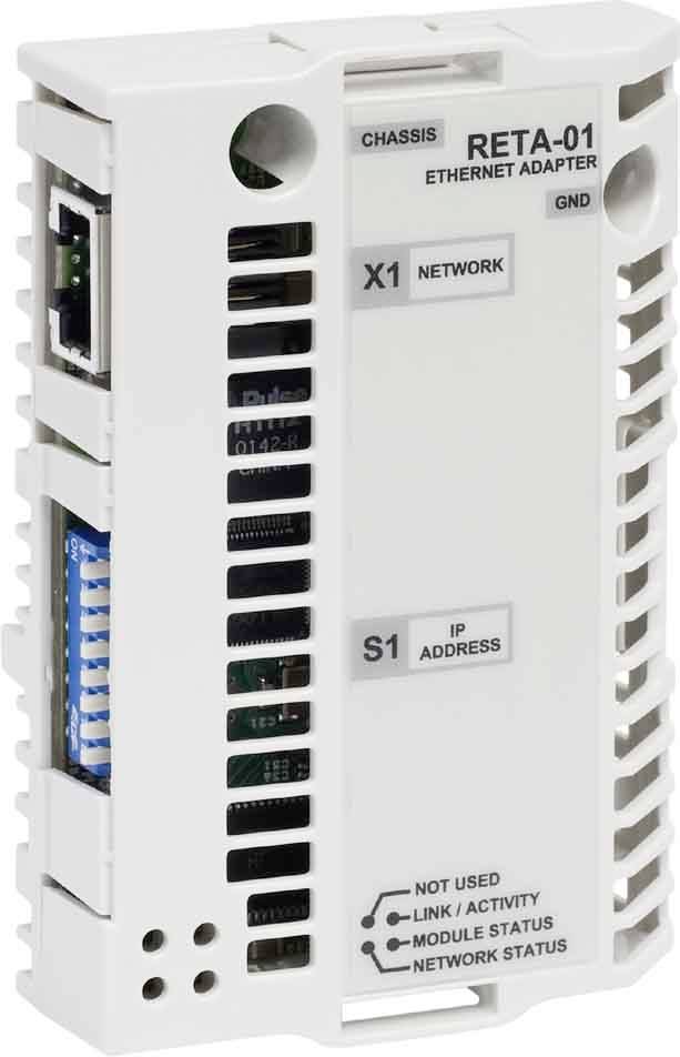 Weißes RETA-01 Ethernet-Adaptermodul mit beschrifteten Anschlüssen und Statusanzeigen, einschließlich 