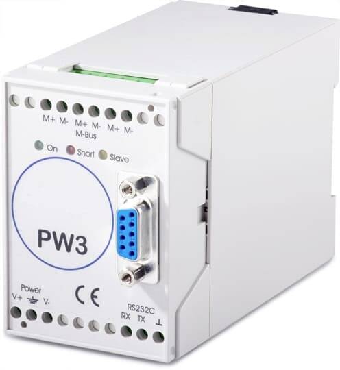 Weißes PW3-Industriemodul mit RS232C-Anschluss, LED-Anzeigelampen und Anschlussleisten auf der Frontplatte.