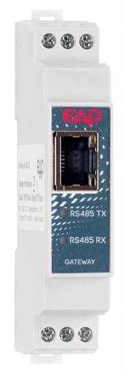 Weißes DIN-Schienen-Montage-Gateway-Modul mit Ethernet-Anschluss, beschriftet mit „RS485 TX