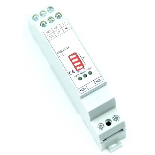 Weißes DIN-Schienen-Elektronikmodul mit der Bezeichnung „MBUS8 LVL