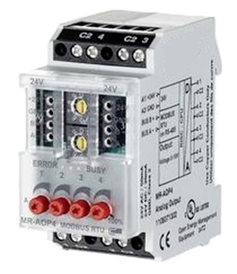Weißes DIN-Schienen-Elektroniksteuermodul mit Klemmleisten, gekennzeichnet mit 24V, Fehler- und Beschäftigungsindikatoren sowie roten Einstellknöpfen.
