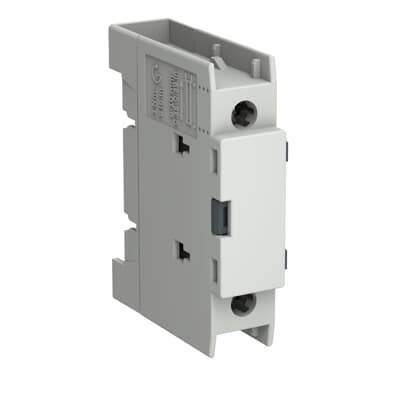 Graues modulares Elektro-Klemmleisten- oder Leitungsschutzschalter-Bauteil, isoliert auf weißem Hintergrund dargestellt.