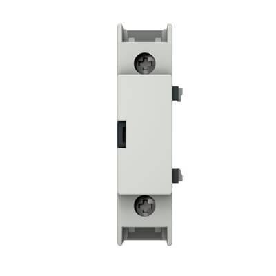 Weißes elektrisches modulares Gerät mit rechteckigem Gehäuse, Seitenklemmen und Montageschraubenlöchern auf einfachem Hintergrund.