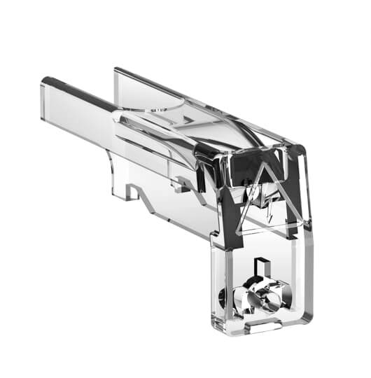 Transparenter Kunststoff-Elektrostecker mit Metallfederkontakt im Inneren, gezeigt auf weißem Hintergrund.