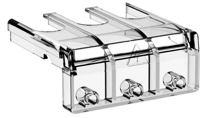 Transparentes Kunststoffgehäuse für elektrische Steckverbinder mit drei Anschlussanschlüssen und Verriegelungsclip