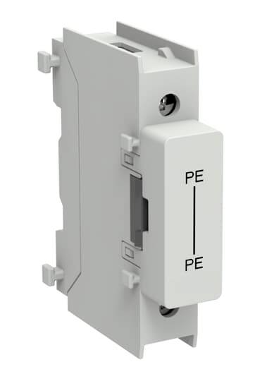 Weißes Elektromodul mit zwei Anschlüssen mit den Bezeichnungen 