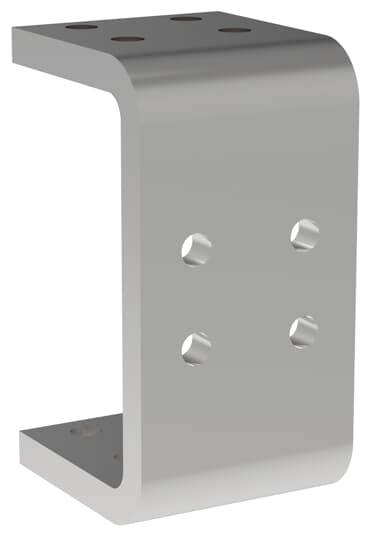 Graues Metallhalter in U-Form mit vier Seitenlöchern und drei Löchern auf dem oberen Flansch, dargestellt in einer produktähnlichen Ansicht auf weißem Hintergrund.
