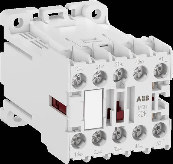 Weißer ABB MCBI 22E Schütz/Modul mit Schraubklemmen und beschrifteten Anschlüssen.