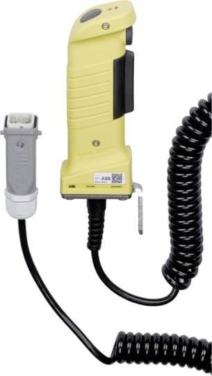 Gelber tragbarer Industriecontroller mit Spiralkabel und grauem Anschluss, wahrscheinlich ein kabelgebundene Fernbedienung oder Pendelschalter für Maschinen.