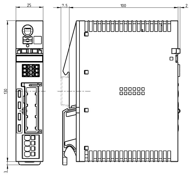Technische Maßstabzeichnung eines elektronischen Moduls mit Front- und Seitenansicht und Maßen 130, 100, 25, 7,5 und 2.