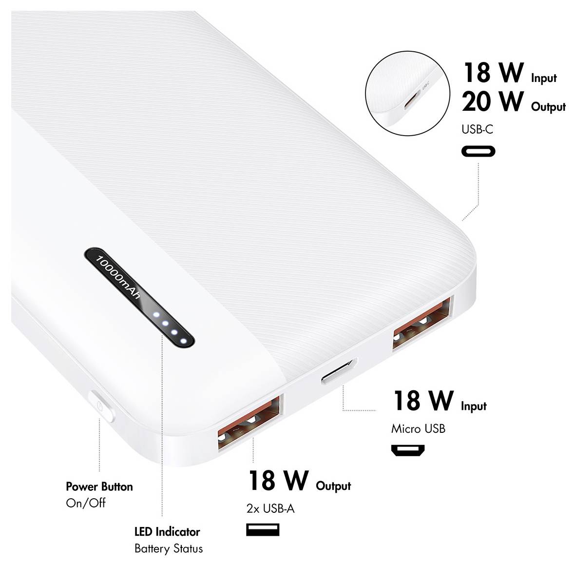 LogiLink PA0372W Powerbank 10000 mAh Fast Charge Li-Ion Weiß Statusanzeige