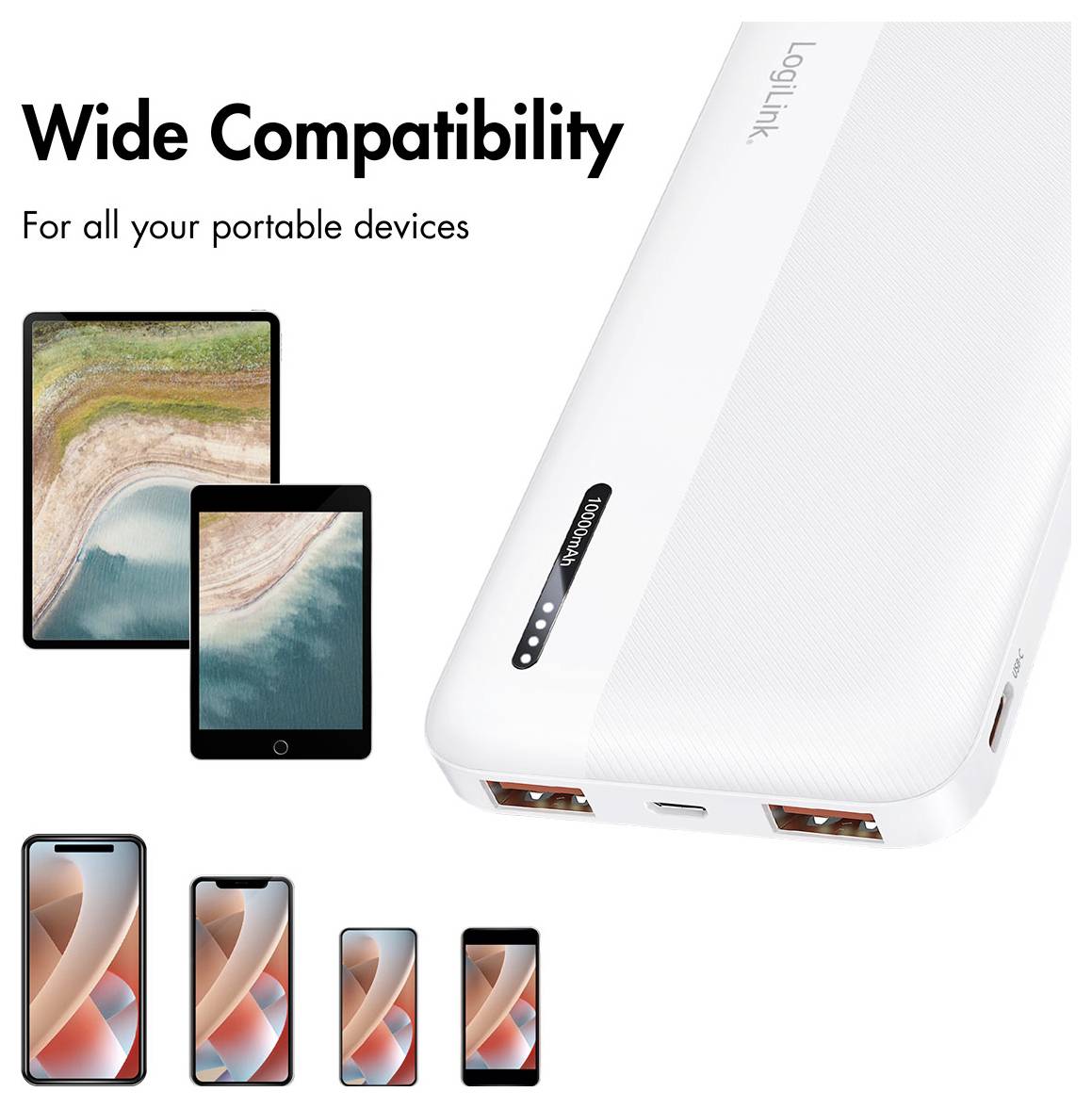 LogiLink PA0372W Powerbank 10000 mAh Fast Charge Li-Ion Weiß Statusanzeige