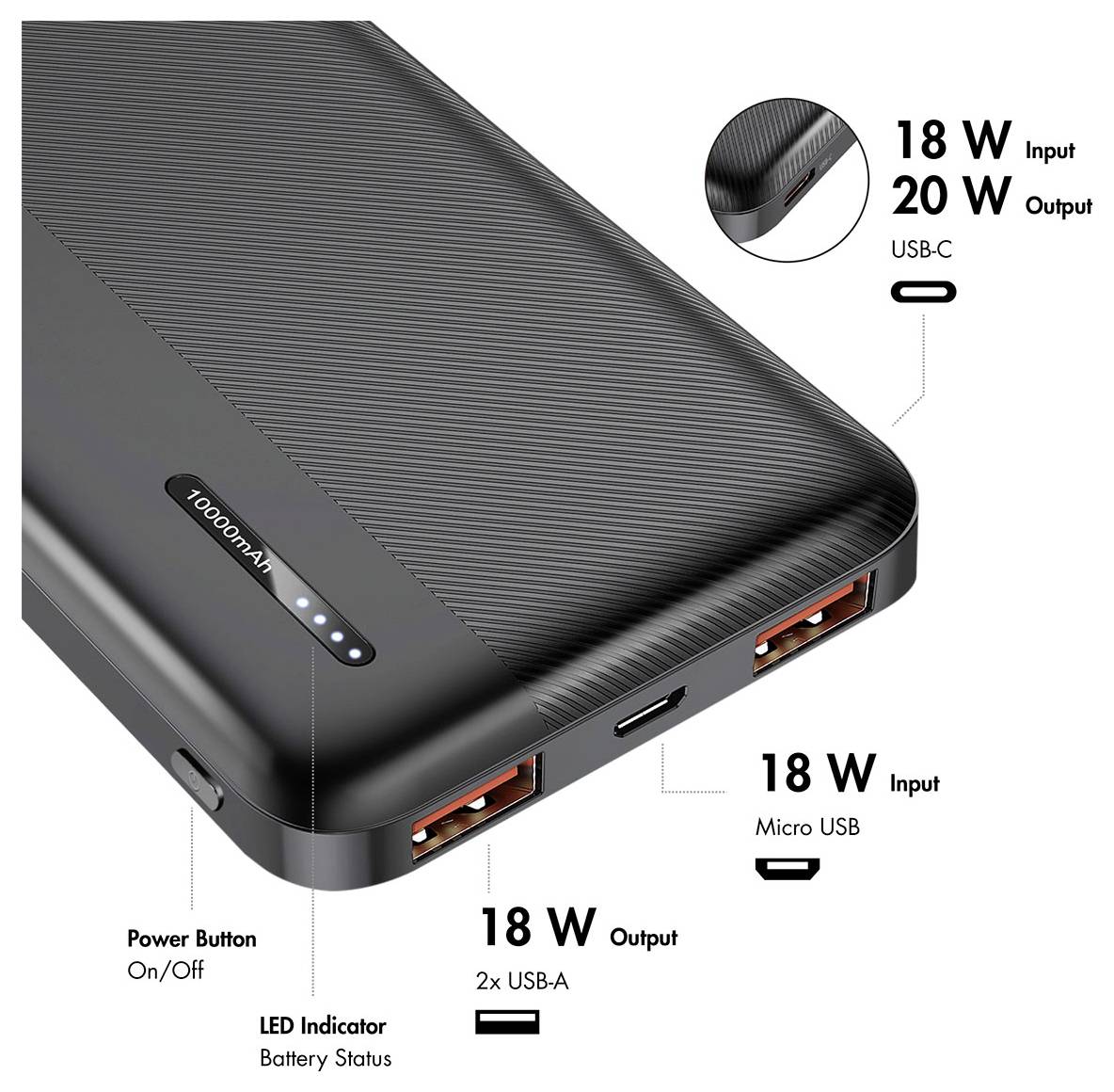 LogiLink PA0372 Powerbank 10000 mAh Fast Charge Li-Ion Schwarz Statusanzeige