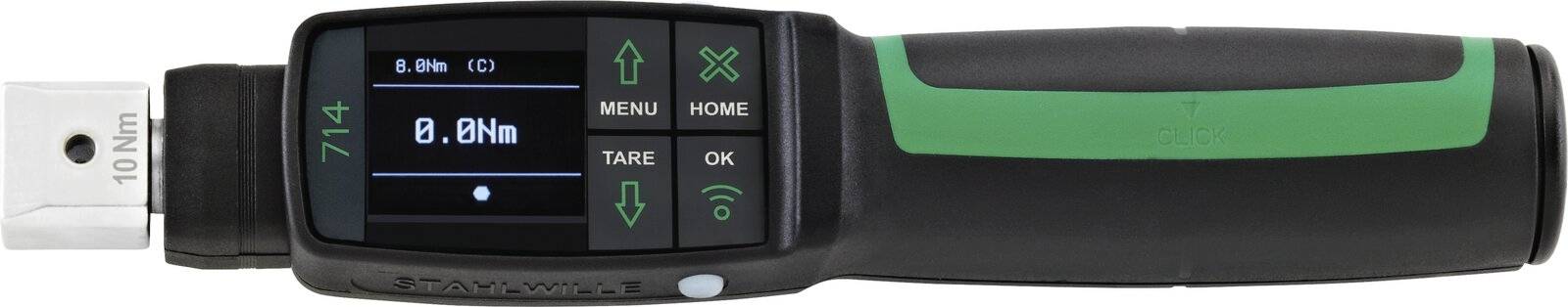 Digitales Drehmomentschlüssel mit LCD-Anzeige mit 8,0 Nm und 714, mit grünem Pfeil, Menü-, Start- und OK-Tasten am Griff.