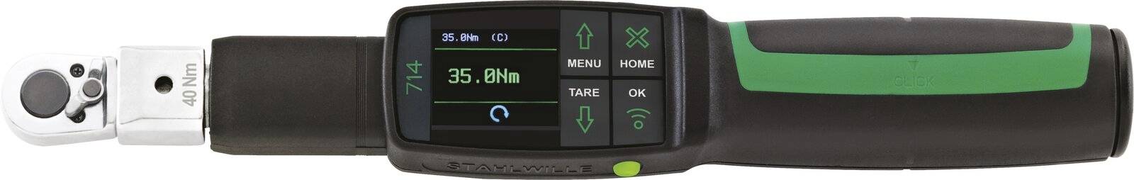 Digitales Drehmomentschlüssel-Set auf 35,0 Nm eingestellt mit grünem Griff und Display mit Messwertanzeige und Menüsteuerungstasten.