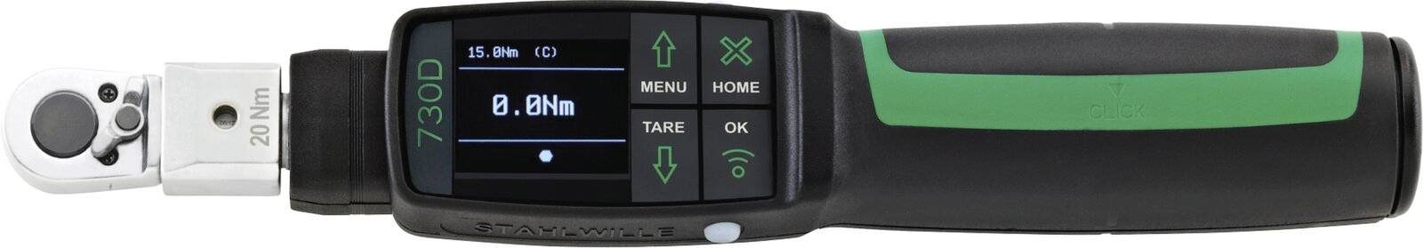Tragbares digitales Drehmomentschlüssel-Display zeigt 0,8 Nm an, mit MENÜ-, HOME-, Pfeil-, OK- und Wireless-Symbolen auf dem Griff.