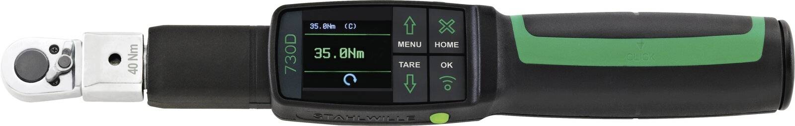 Digitale Drehmomentschlüssel-Anzeige auf 35,0 Nm eingestellt, mit Auf-/Ab-Tasten und grünem/schwarzem Griff.