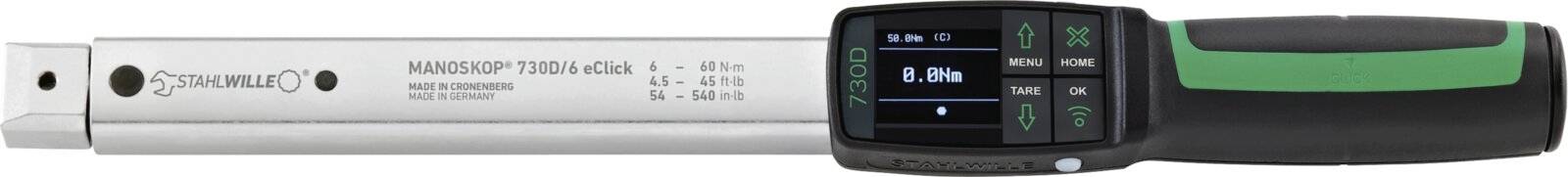 Starrett MANOSKOP 730D 6 Klick digitales Drehmomentschlüssel mit Display, Einstellungstasten und grün-schwarzem Griff.