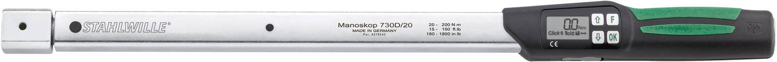 Digitaler Drehmomentschlüssel mit grünem und schwarzem Griff und LCD-Display, auf dem die Marke Stahlwille und Messteuerungen angezeigt werden.