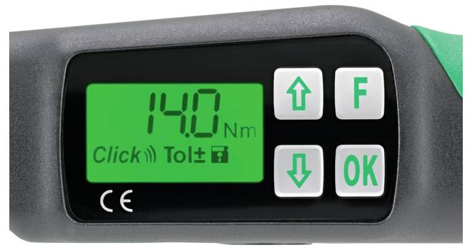 Digitale Drehmomentschlüssel-Anzeige zeigt 140 Nm an, mit Auf-/Ab-Pfeilen und F- sowie OK-Tasten auf der Bedienleiste.