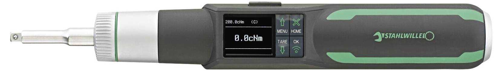 Digitales Drehmomentschlüssel mit einer Anzeige von 8,0 Nm auf dem Display und Einstellungstasten am Griff.