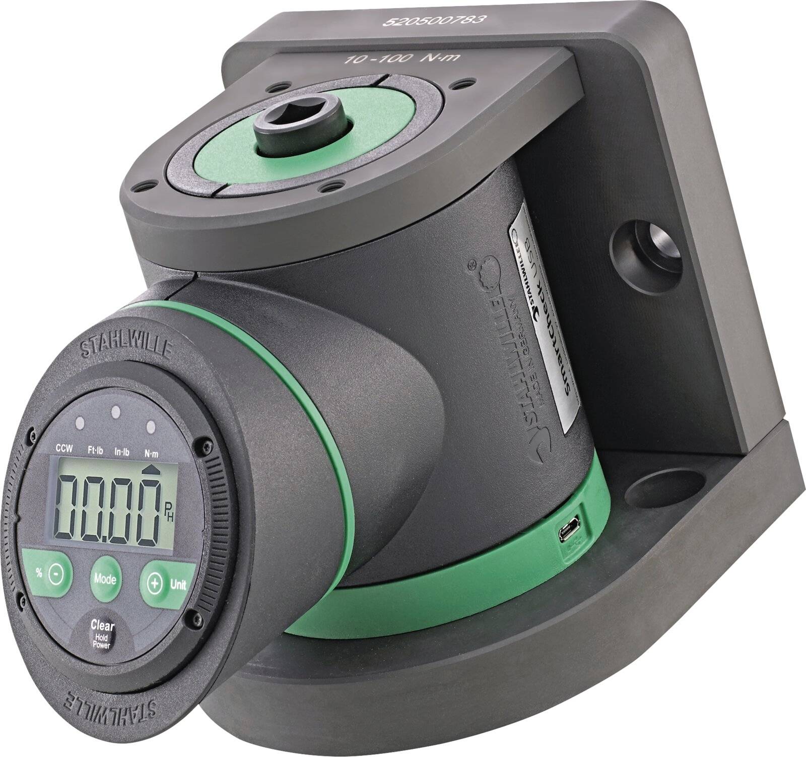 Digitaler Drehmomentschlüssel-Tester mit Anzeige und LCD-Display, mit einem Bereich von 10-100 Nm oben markiert.