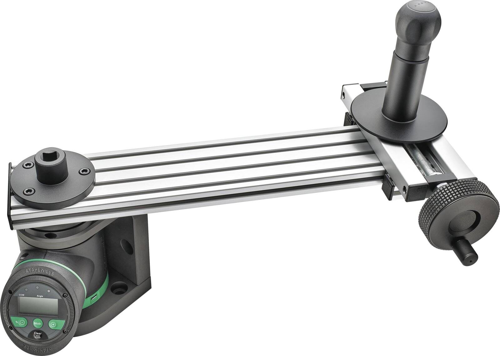 Industrieller Linearantrieb mit zwei kreisförmigen Endeinheiten und einem schwarzen Joystick-ähnlichen Kontrolllever auf einer Schienespur.