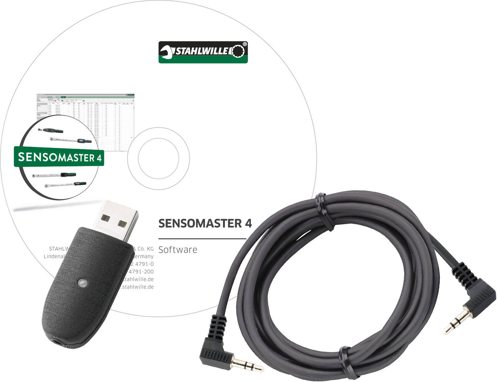 STAHLWILLE SENSOMASTER 4 Software-CD mit USB-Dongle und Audiokabel auf weißem Hintergrund.