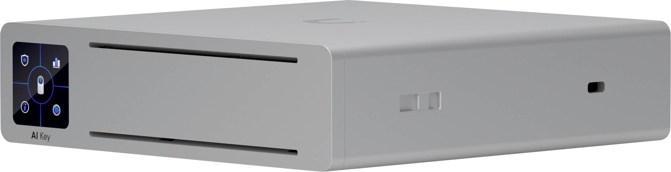 Kompaktes silbernes KI-Gerät mit frontalem Display und Bedienelementen, mit der Bezeichnung AI Key, in Dreiviertelperspektive dargestellt.