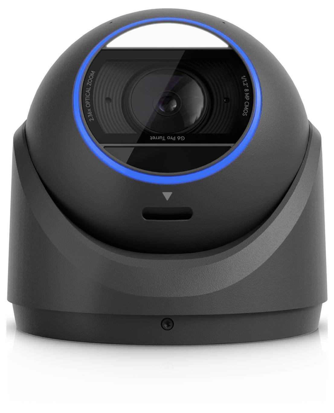 Schwarze Domekamera mit leuchtend blauem Ring um das Objektiv, Vorderansicht auf weißem Hintergrund.