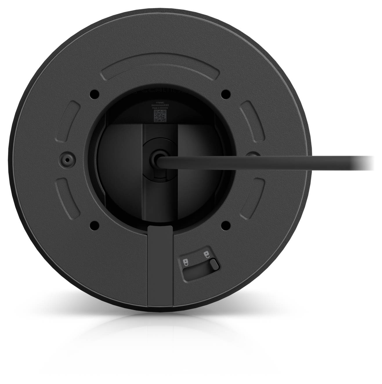Rundes schwarzes elektronisches Schloss oder Safetür mit einem horizontal nach rechts ausfahrenden Griff, frontal auf weißem Hintergrund dargestellt.