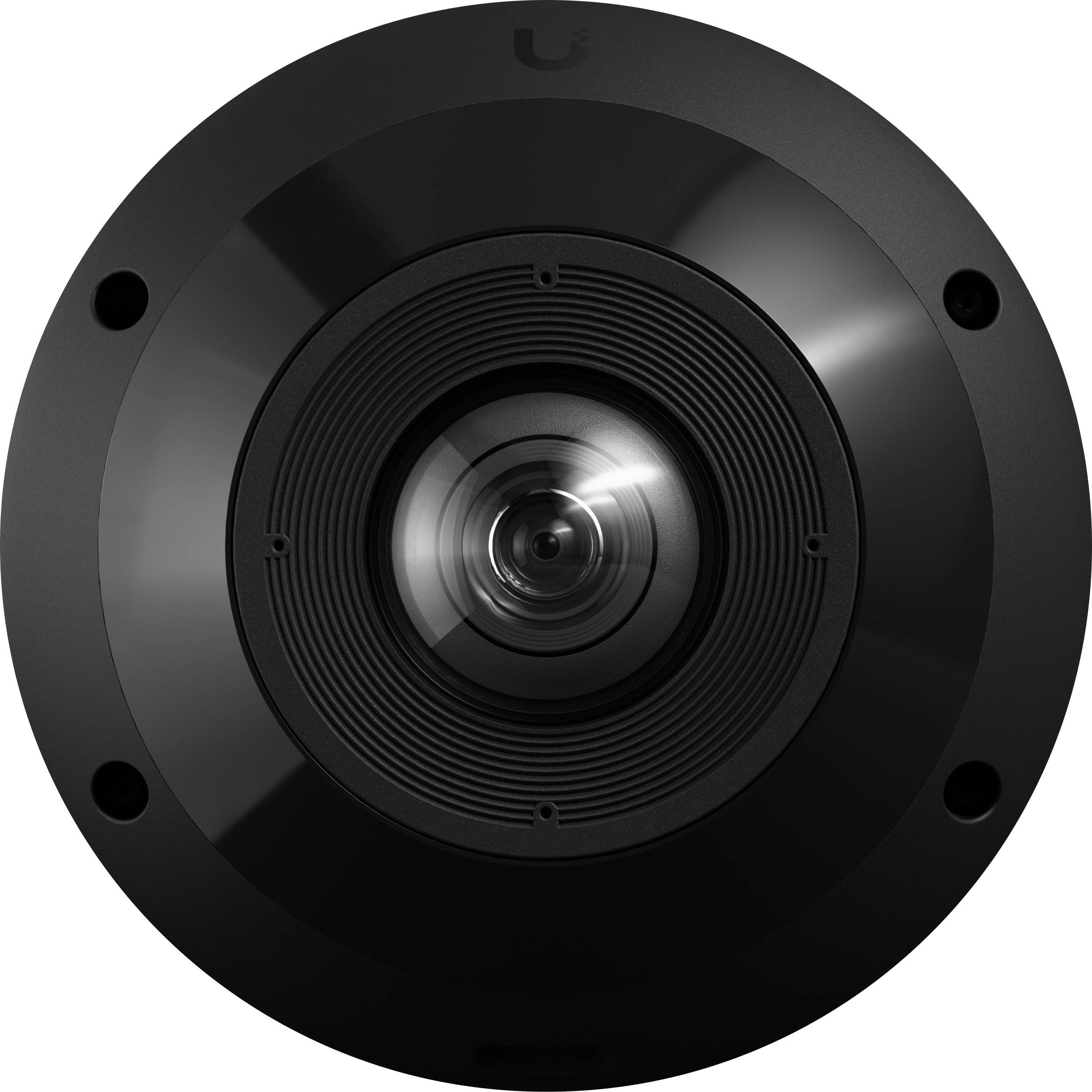 Nahaufnahme einer schwarzen Fisheye-Überwachungskameralobjektiv mit rundem Halterung.