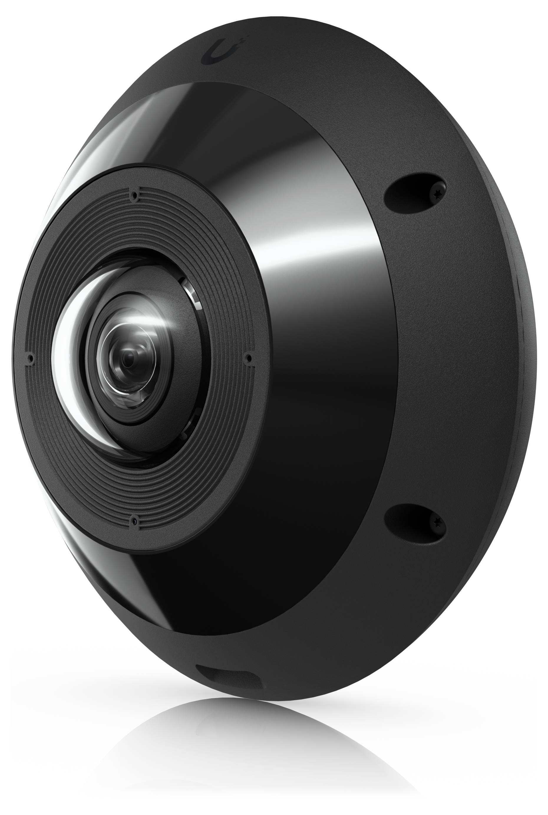 Schwarze kreisförmige Sicherheitskamera mit zentralem Fisheye-Objektiv, in Nahaufnahme vor weißem Hintergrund dargestellt.