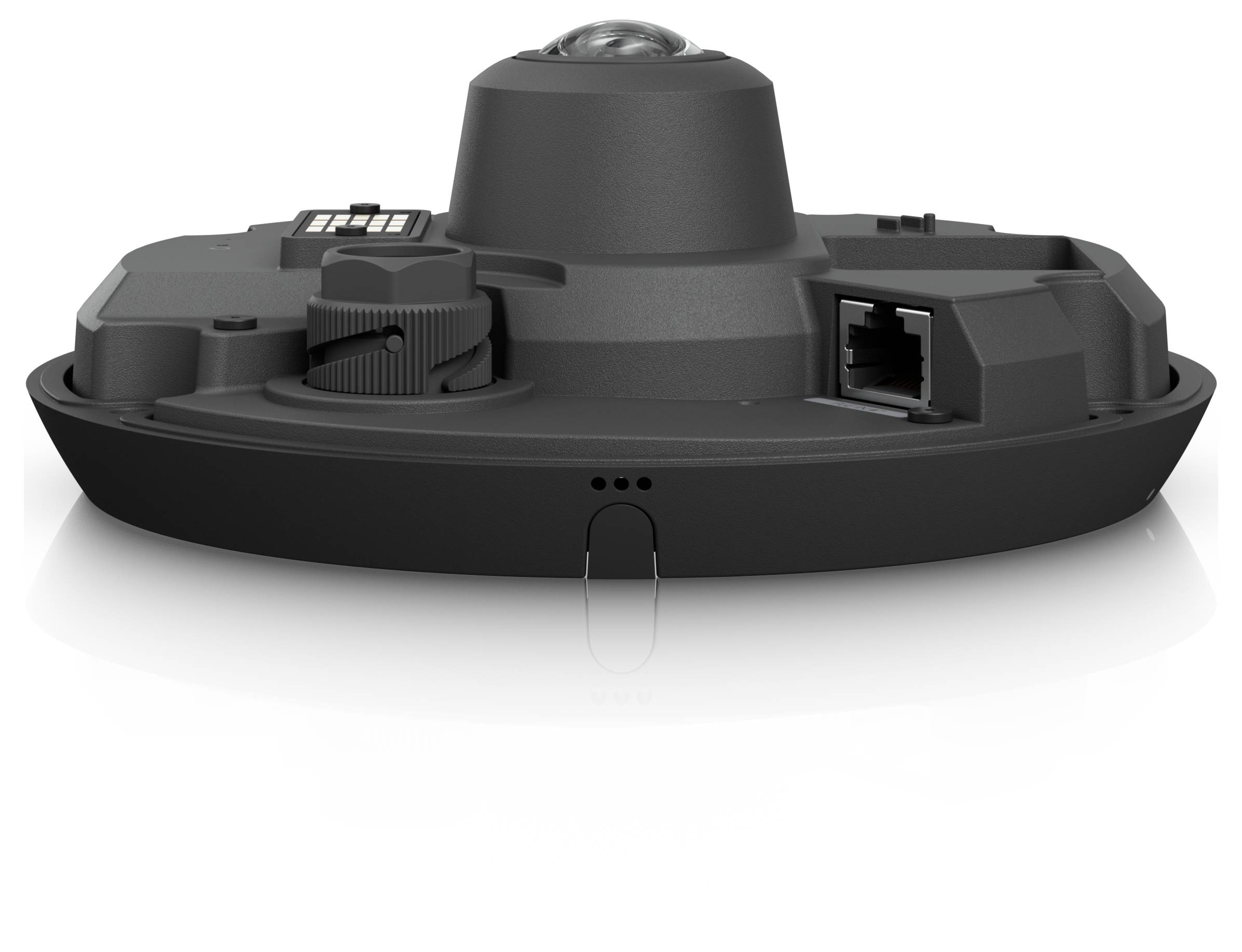 Schwarze Kuppelsicherheitskamera mit breiter runder Basis, seitlichem Ethernet-Anschluss und verstellbarem Objektiv, auf weißem Hintergrund dargestellt.