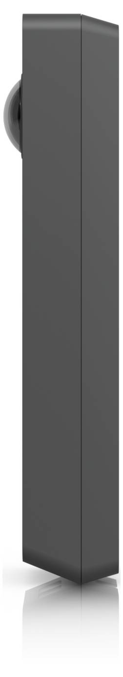 Vertikal angebrachtes dunkelgraues Wandgerät oder Panel in Seitenansicht, mit einer abgerundeten hervorstehenden Komponente oben.