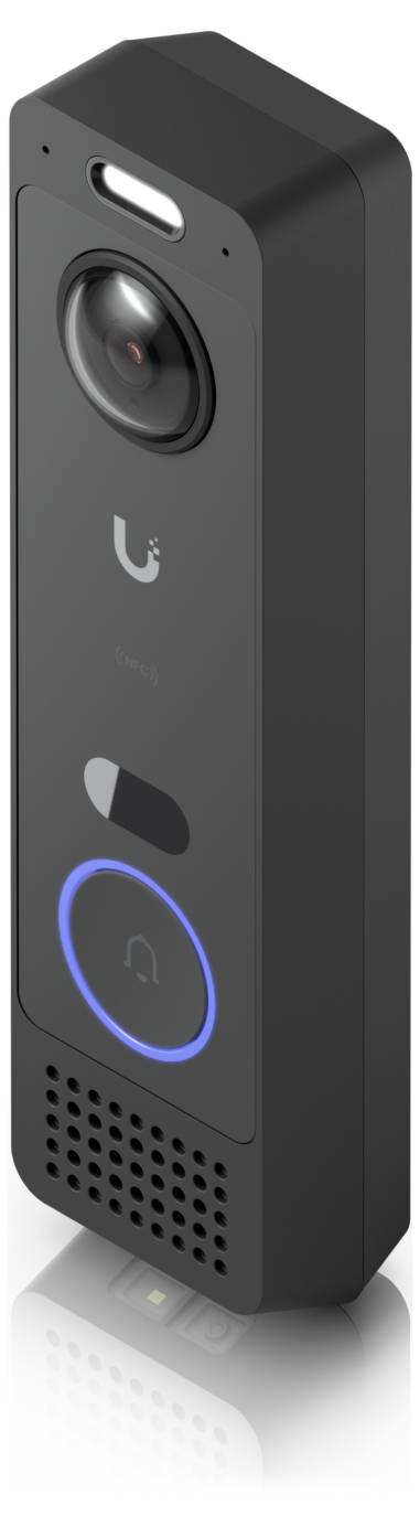 Schwarze rechteckige intelligente Türklingel-Kamera mit großem Objektiv, blau beleuchteter runder Taste, Lautsprechergitter und U-Branding.