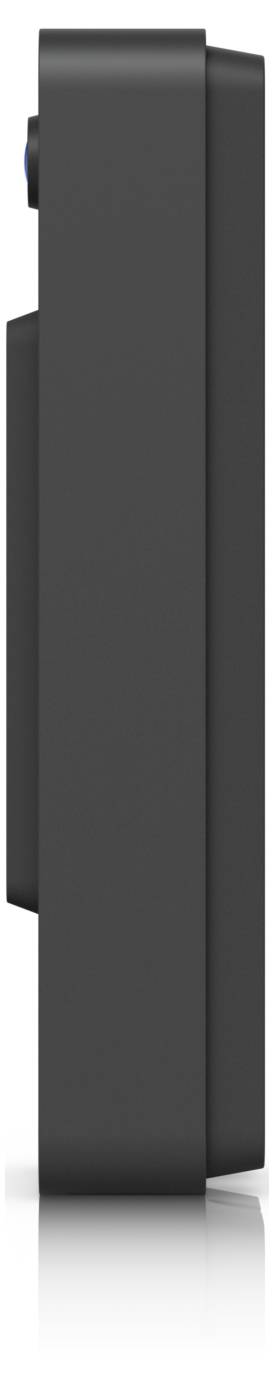 Seitenansicht eines schlanken schwarzen rechteckigen elektronischen Geräts mit einem vorstehenden hinteren Abschnitt und abgerundeten Kanten.